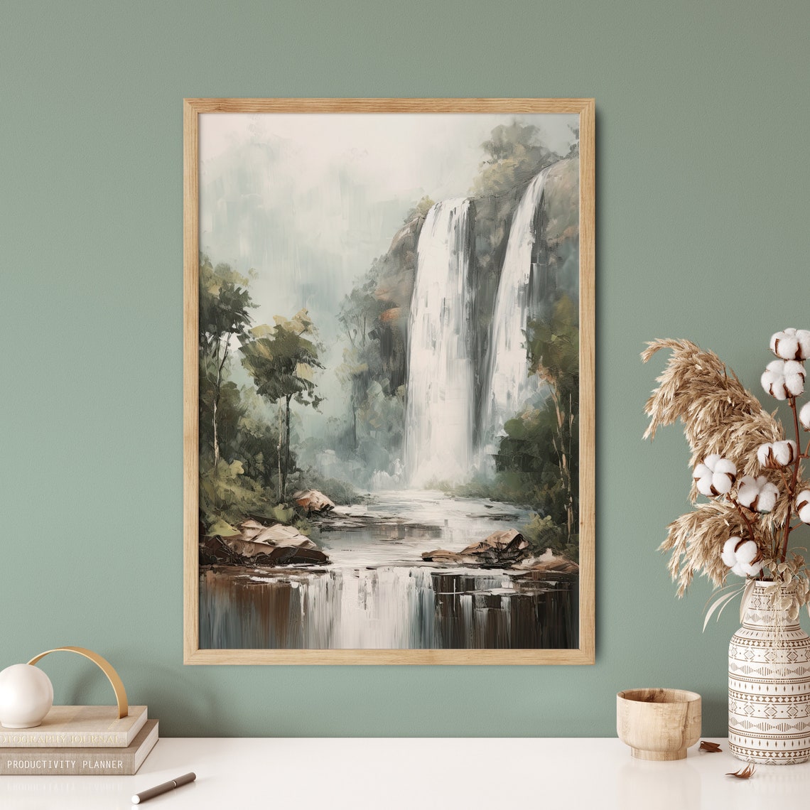 Misty Forest Waterfall Serene Muted Green Nature Painting Art Print - Image 5