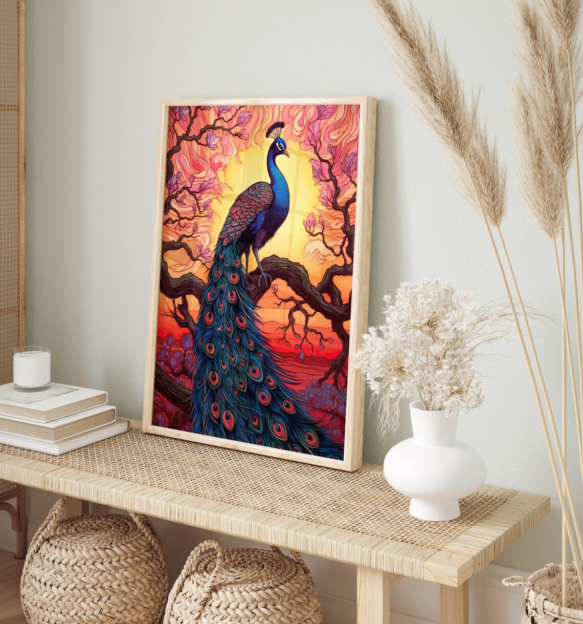 Peacock Sunset Tree Branch Stained Glass Vibrant Bird Art Poster - Image 3