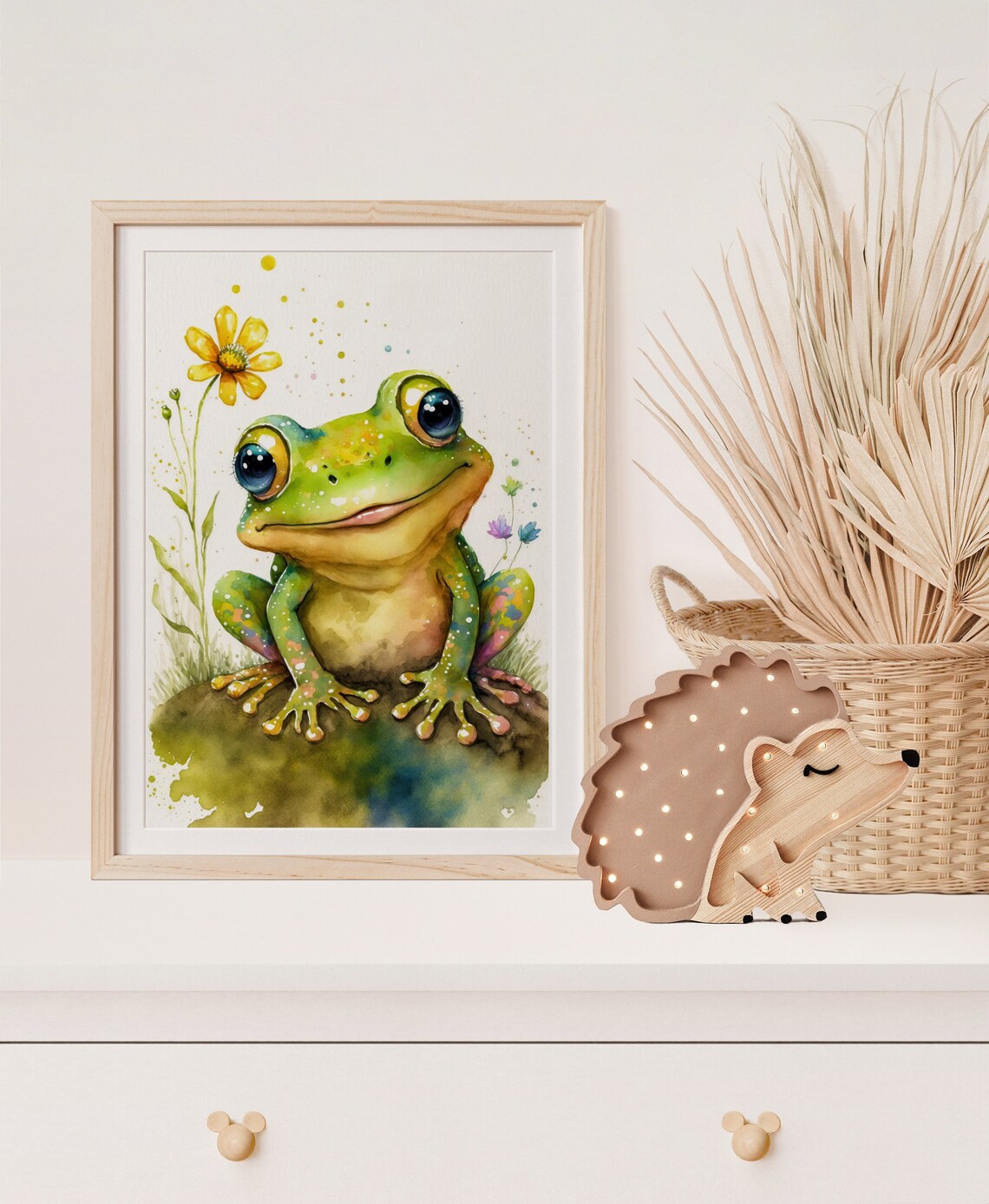 Watercolor Smiling Frog Daisy Cute Nursery Animal Art Poster - Image 4