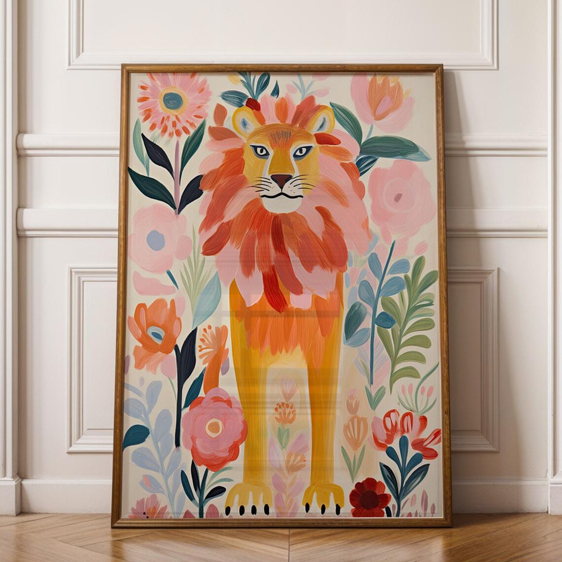 Colorful Lion Floral Wall Art for Kids Rooms