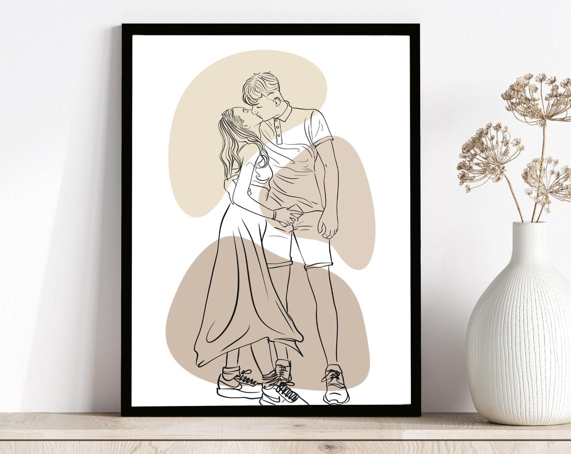 Couple Kissing Embrace Beige Abstract Custom Line Drawing Poster