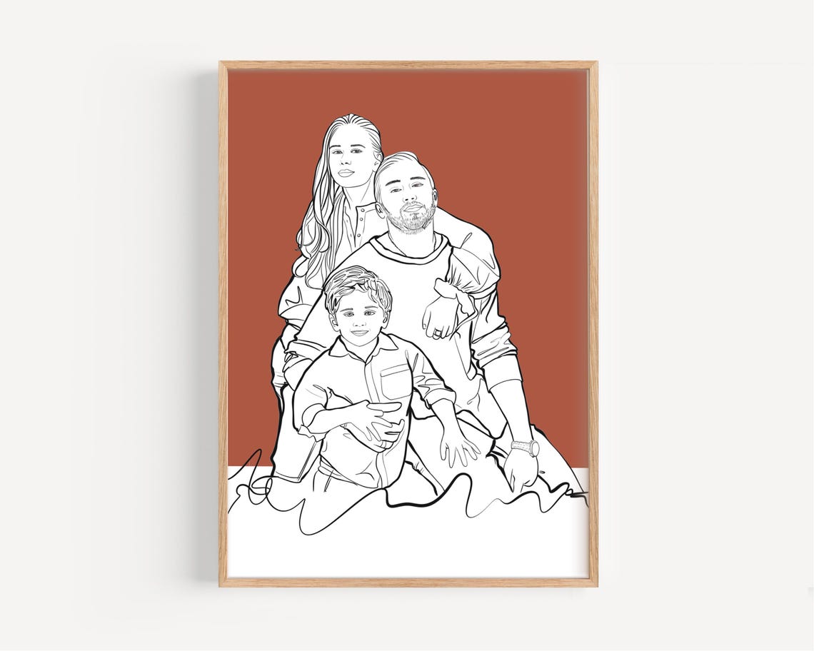 Parents and Son Terracotta Background Custom Line Portrait Poster