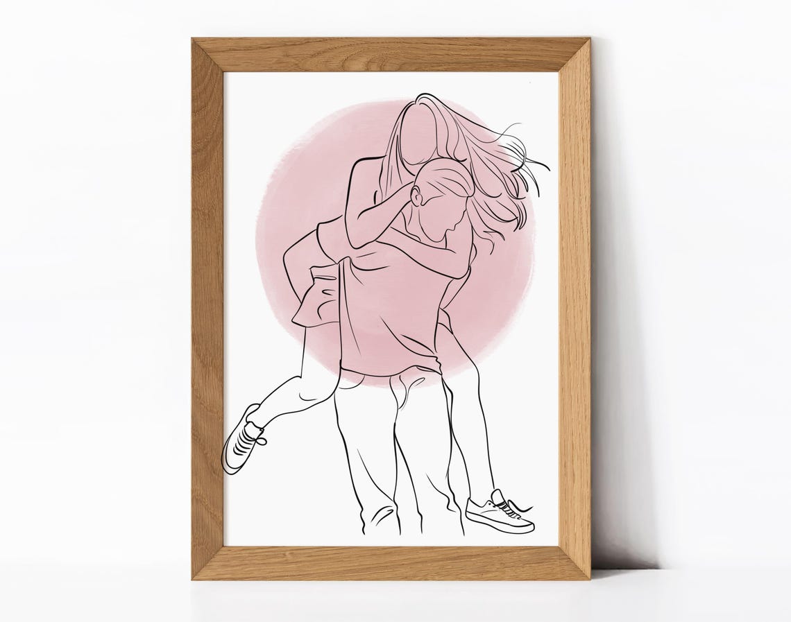 Couple Piggyback Ride Pink Circle Custom Line Drawing Poster