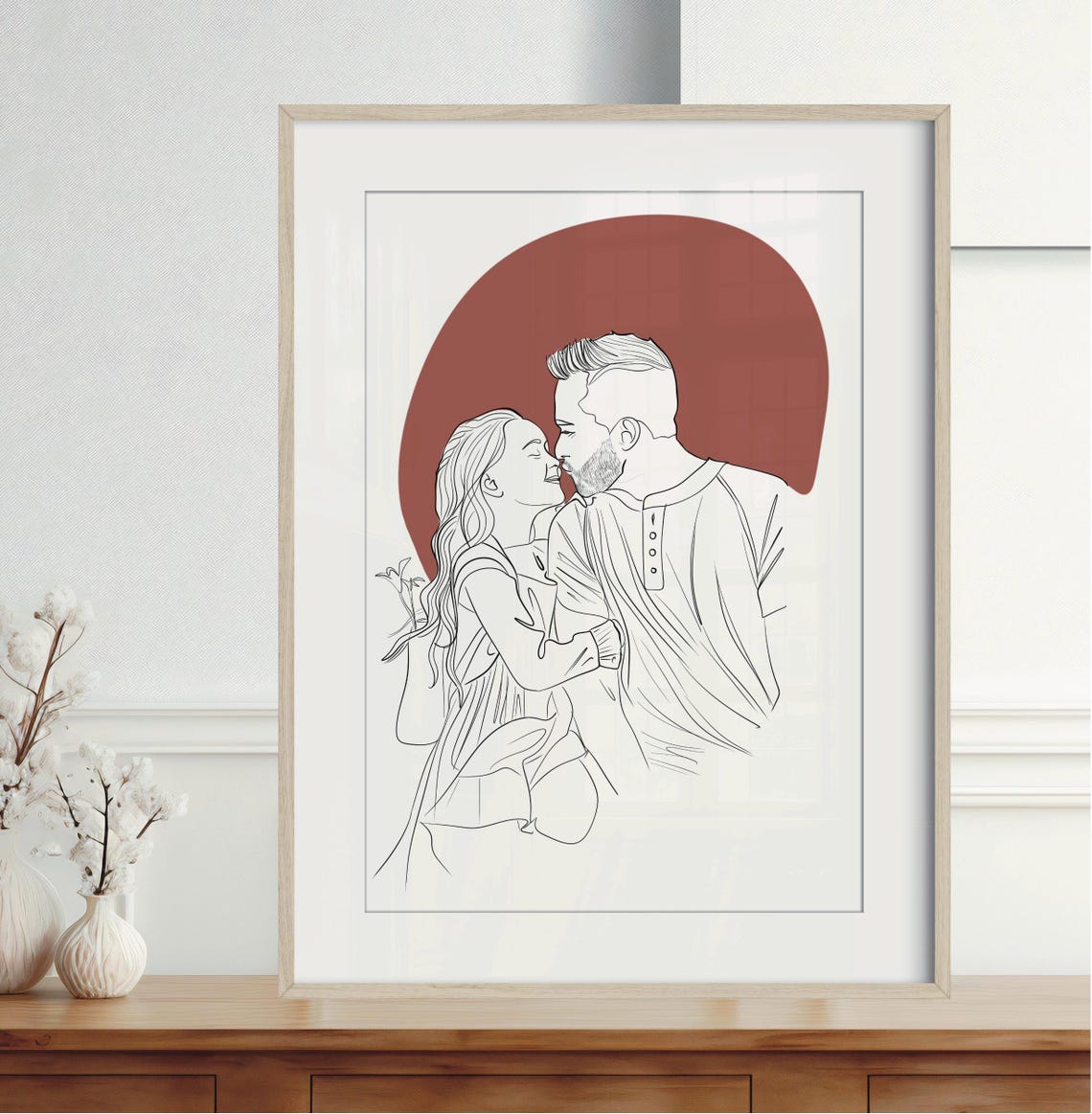 Father and Son Flexing Muscles Line Drawing on Burnt Orange Poster - Image 2