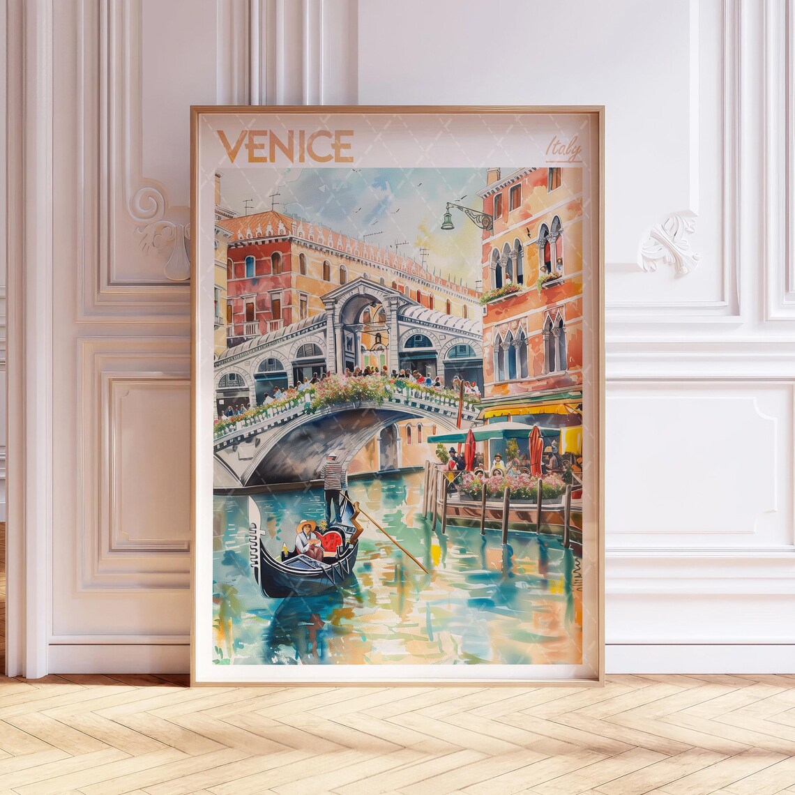 Venice Italy Watercolor Rialto Bridge Gondola Grand Canal Travel Poster