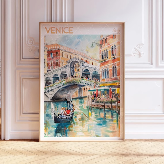 Venice Italy Watercolor Rialto Bridge Gondola Grand Canal Travel Poster