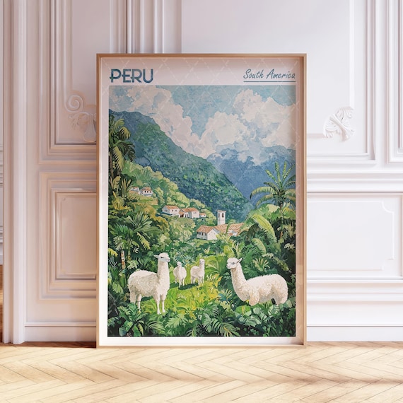 Peru South America Alpacas Mountain Village Watercolor Travel Poster