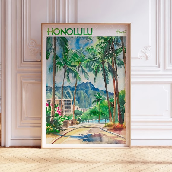 Honolulu Hawaii Travel Poster Palm Trees and Green Mountains