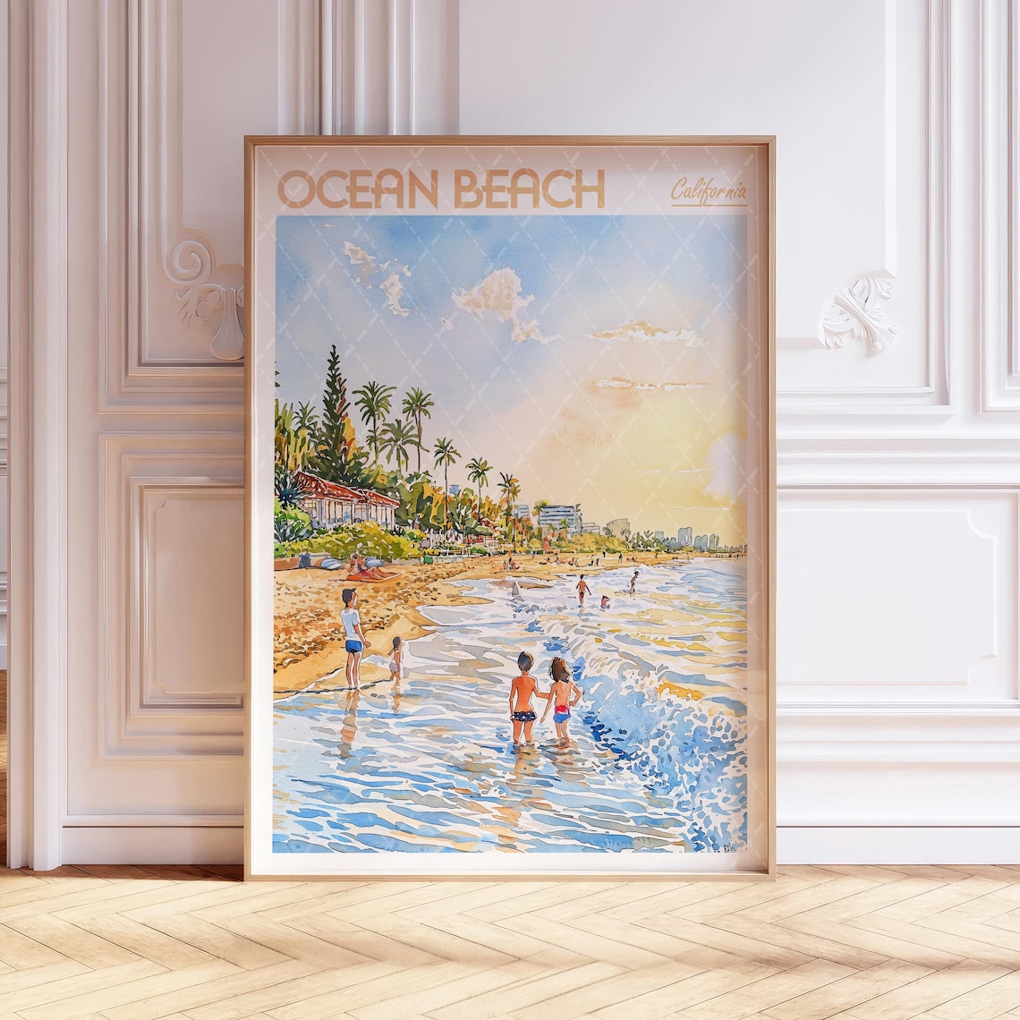 Ocean Beach California Sunny Shore Kids Watercolor Travel Poster