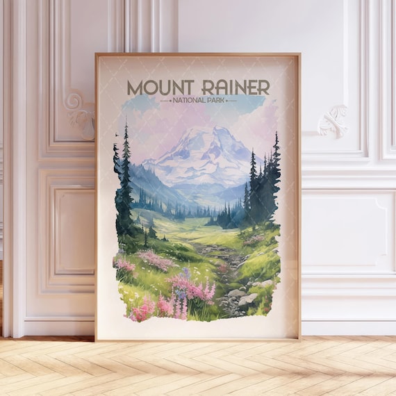 Mount Rainer National Park Wildflower Meadow Watercolor Poster