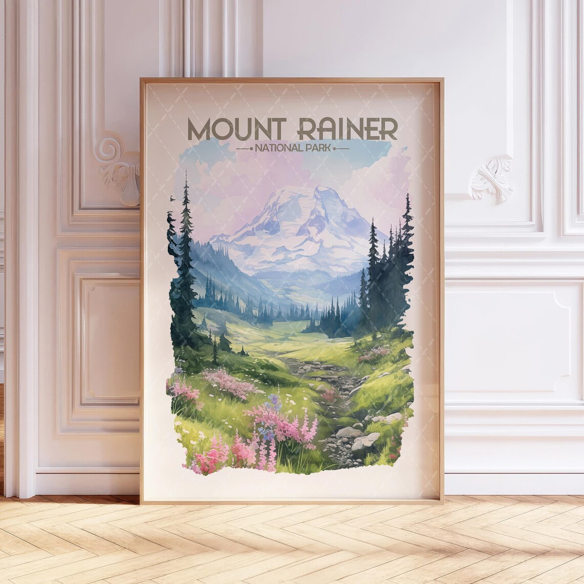 Mount Rainer National Park Wildflower Meadow Watercolor Poster