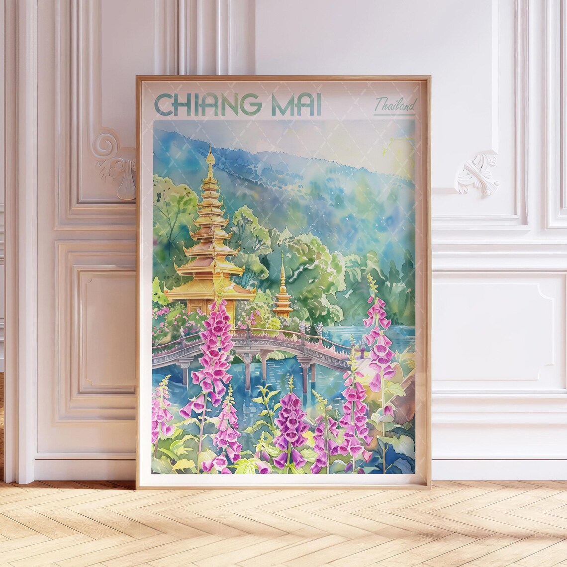 Chiang Mai Thailand Watercolor Golden Temple Bridge Flowers Poster
