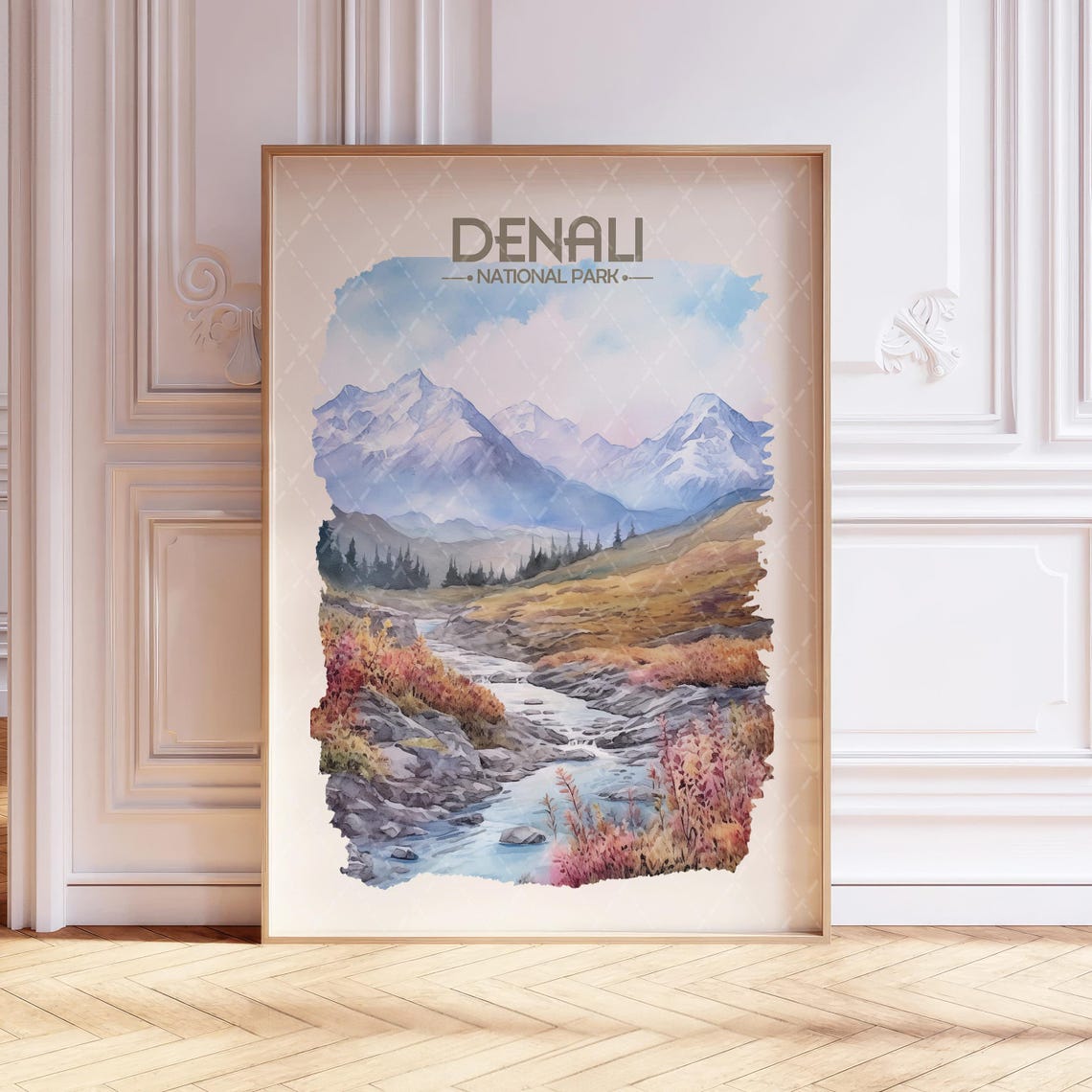 Denali National Park Alaska Mountain Stream Watercolor Poster