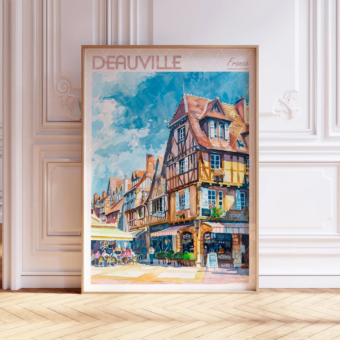 Deauville France Norman Half Timbered Street Watercolor Travel Poster