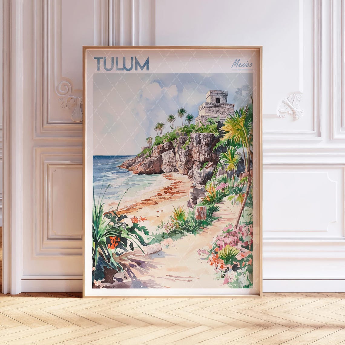Tulum Mexico Caribbean Beach Mayan Ruins Watercolor Travel Poster
