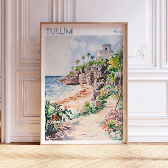 Tulum Mexico Caribbean Beach Mayan Ruins Watercolor Travel Poster