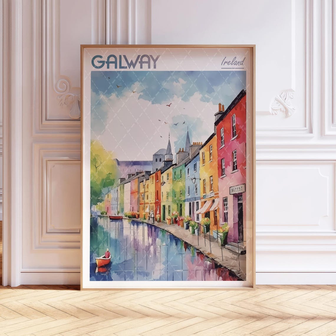 Galway Ireland Colorful Riverside Houses Canal Watercolor Travel Poster