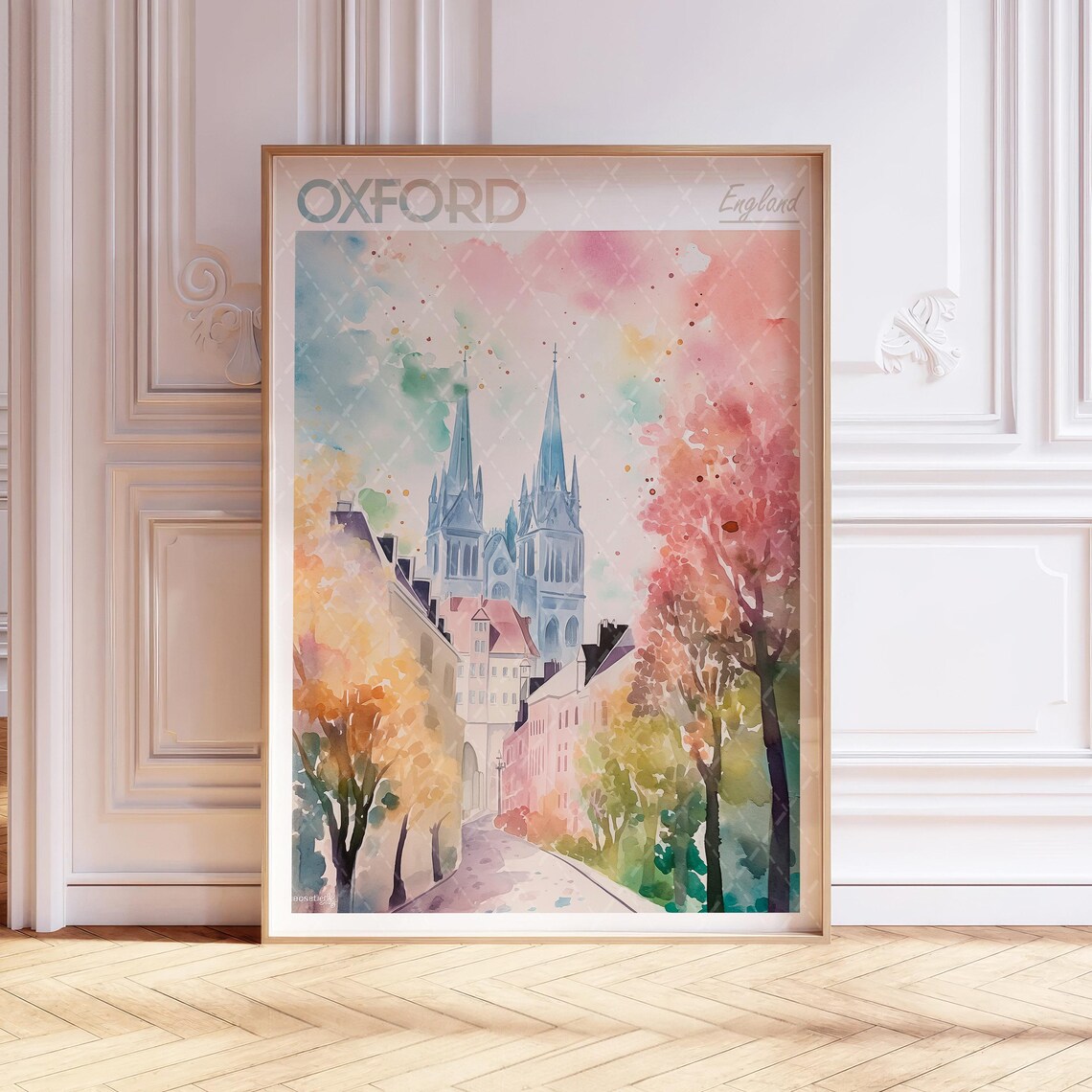 Oxford England Watercolor Travel Poster Historic Spires Autumn Trees
