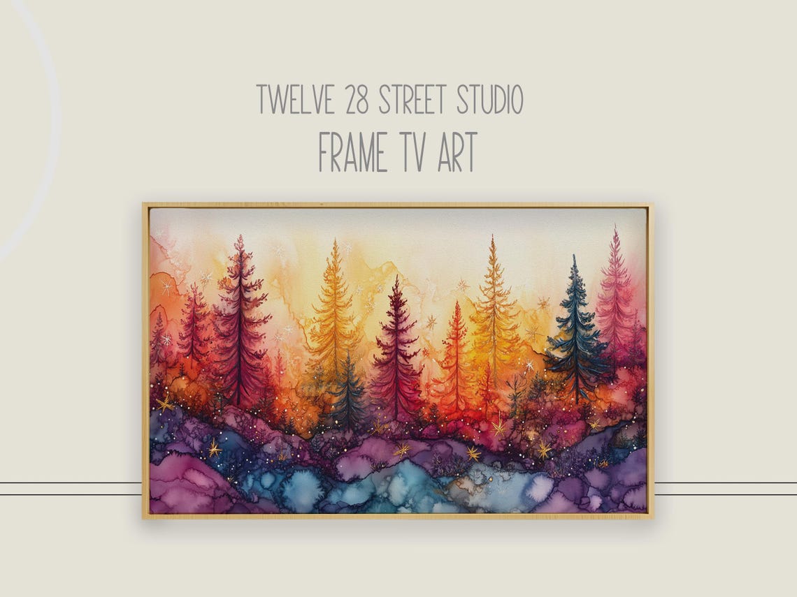 Christmas Trees Alcohol Ink Sunset Pine Forest Holiday Wall Art