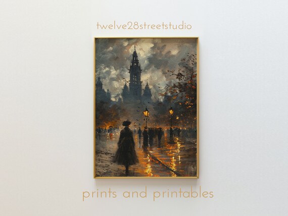 Dark Academia London Clock Tower Rainy Dusk Gaslight Street Poster
