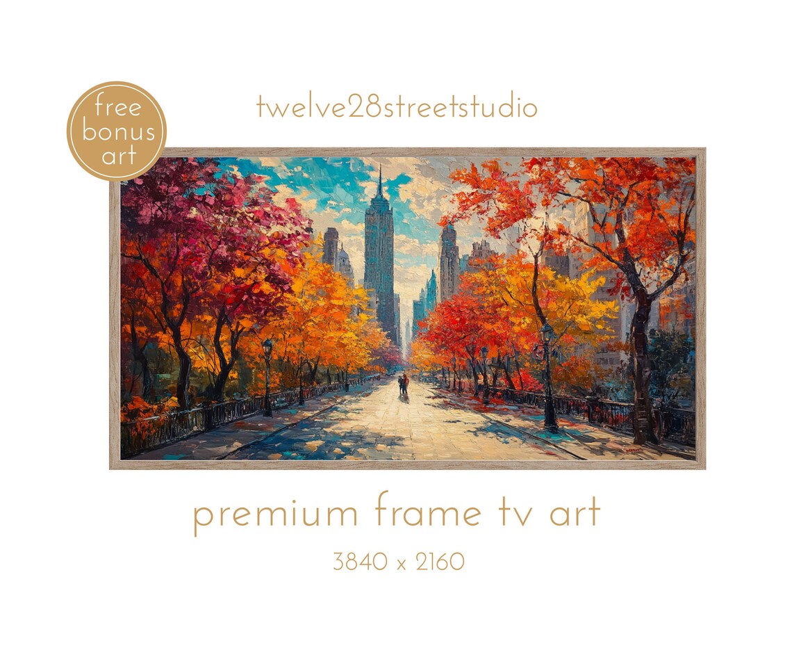 New York Skyline Autumn Park Fiery Trees Impressionist City Art Poster