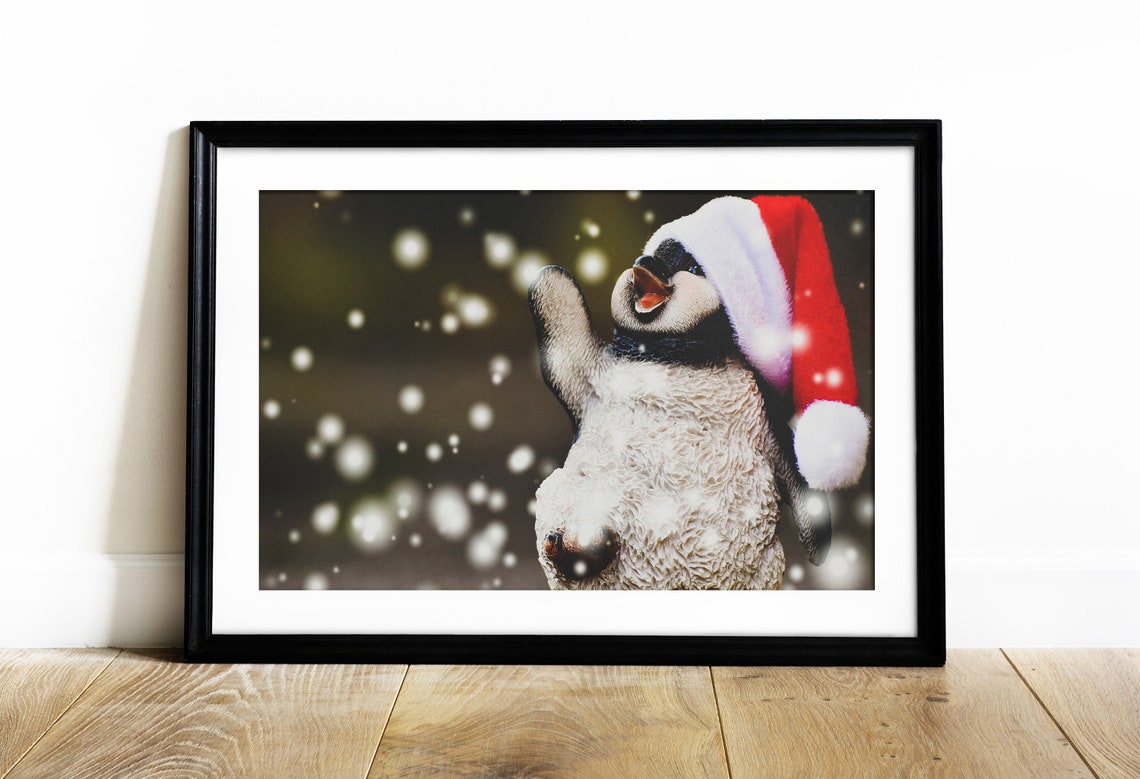 Cute Penguin In Santa Hat Playing In Falling Snow Holiday Poster - Image 2