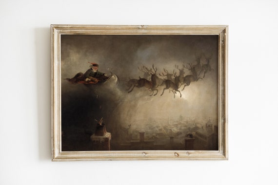 Santa Claus Vintage Christmas Poster, Sleigh Scene