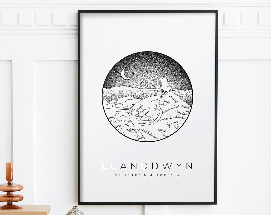 Llanddwyn Wales Travel Poster, Dotwork Landscape