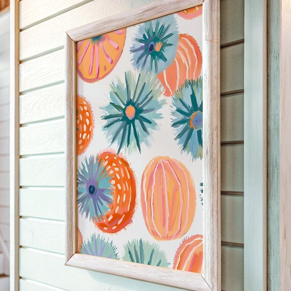 Orange Teal Sea Urchins Pastel Coastal Beach Pattern Art Poster