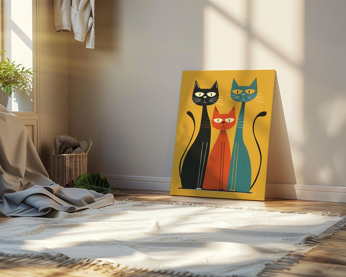 Three Mid Century Modern Style Cats Trio On Yellow Art Poster - Image 2