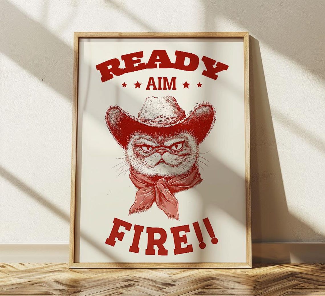 Cowboy Cat Ready Aim Fire Vintage Western Red Graphic Art Poster