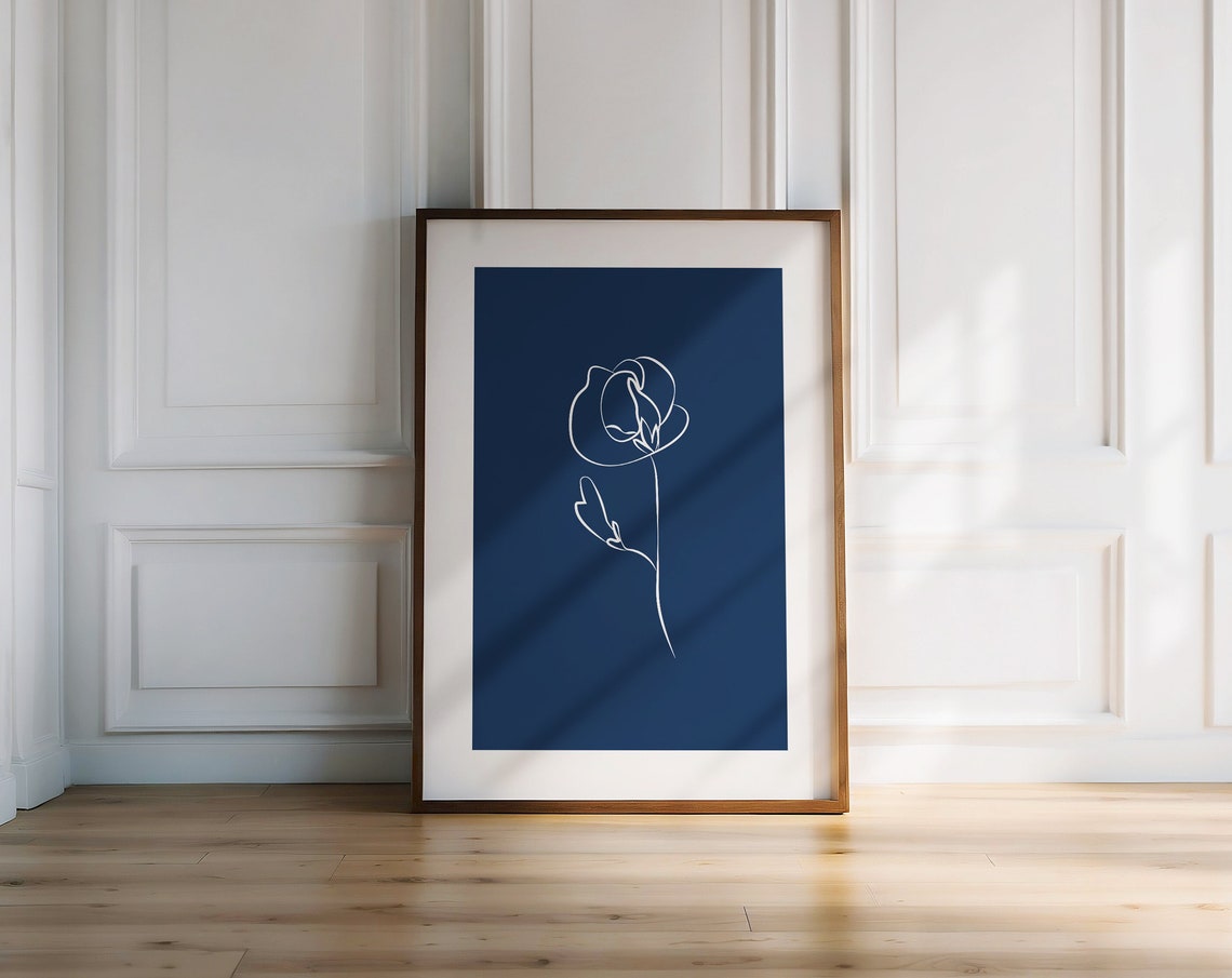 Navy Blue Botanical Line Art Poster Simple White Blossom Drawing - Image 4