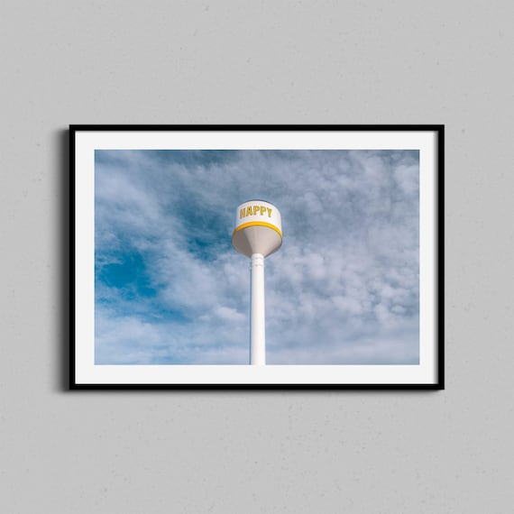 Happy Texas Water Tower Blue Sky Minimalist Americana Photo Poster