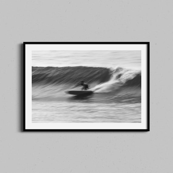 Surfer Riding Wave Black and White Long Exposure Surfing Poster
