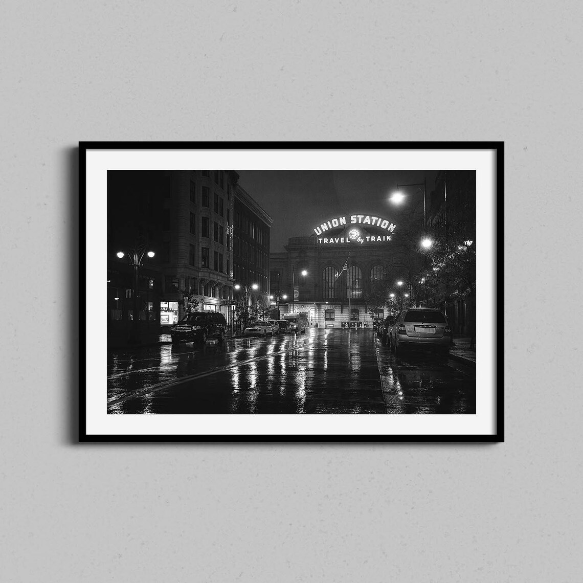 Denver Union Station Rainy Night Street Black White Photo Poster