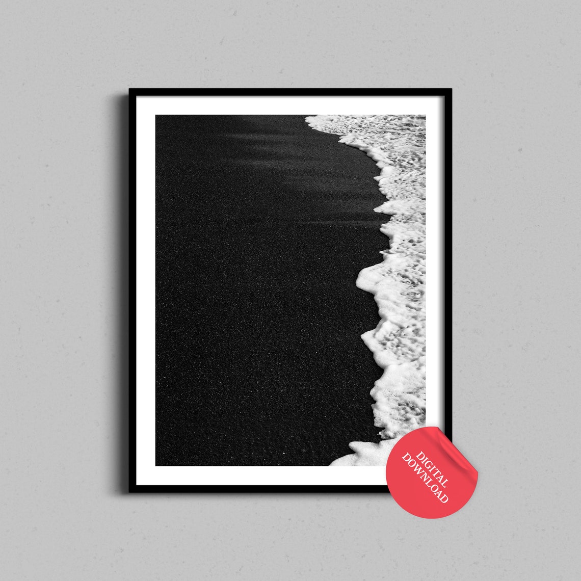 Black Sand Beach White Waves Minimal Black White Aerial Photo Poster