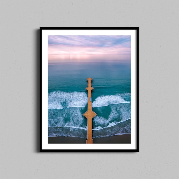 Sunset Pier Aerial Ocean Waves Pastel Sky Coastal Photography Poster