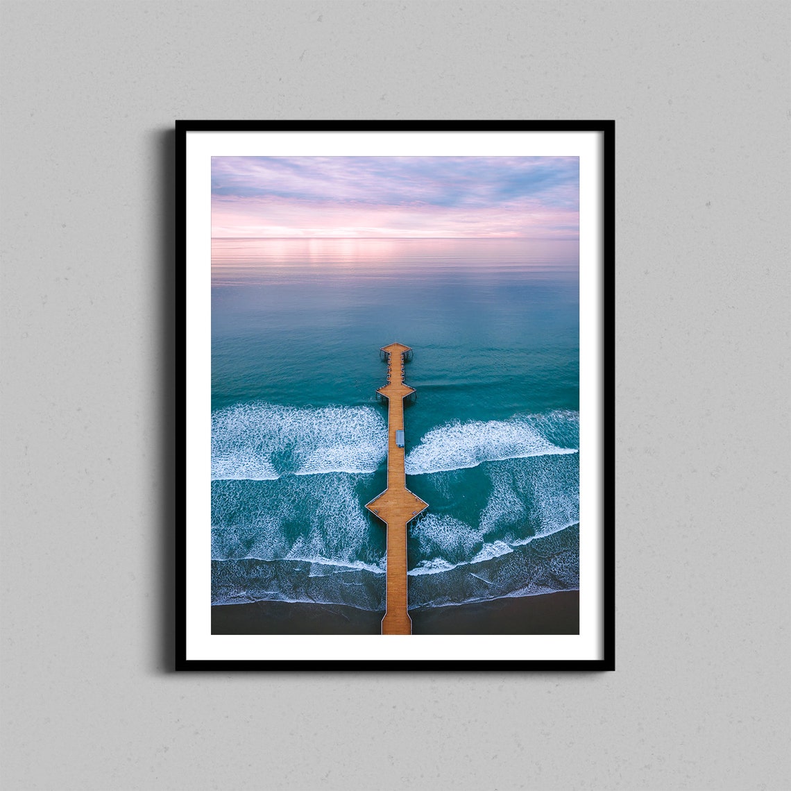 Sunset Pier Aerial Ocean Waves Pastel Sky Coastal Photography Poster