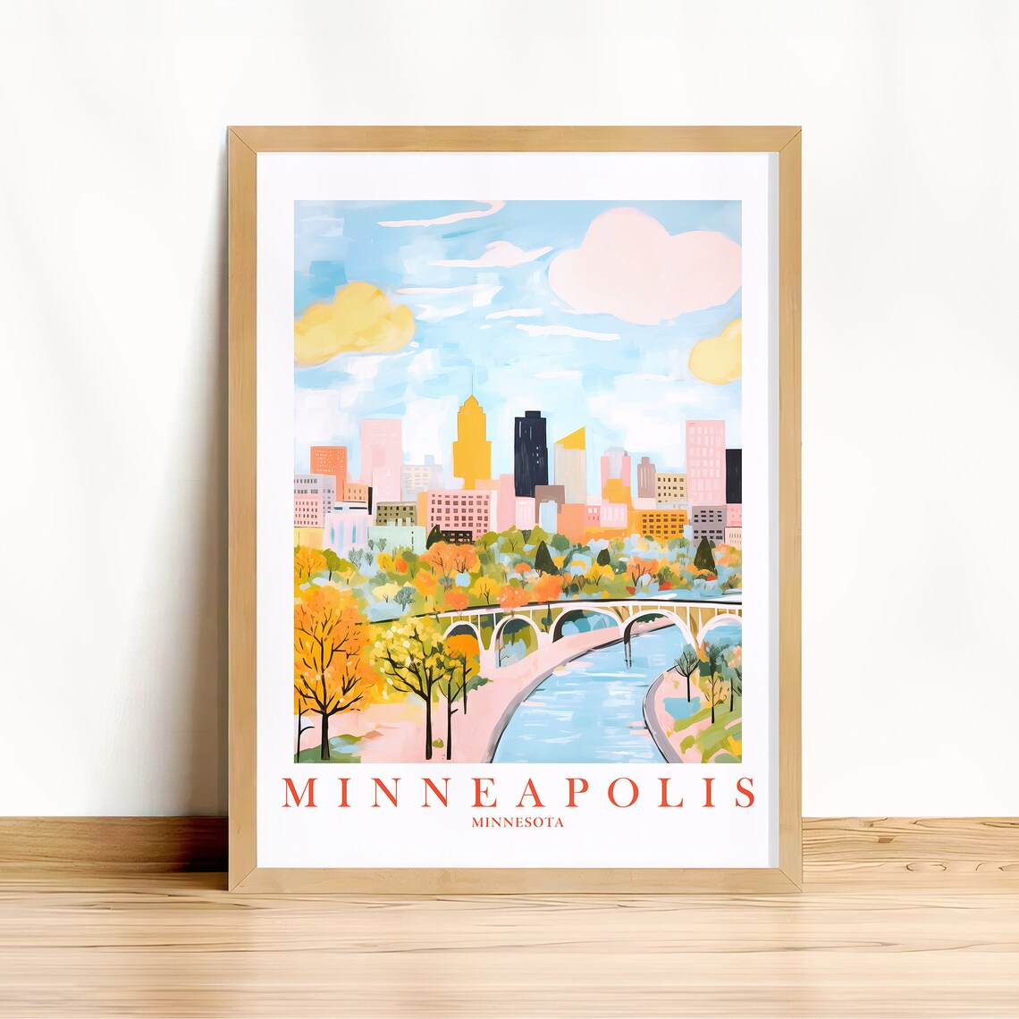 Minneapolis Skyline Retro Travel Poster, Minnesota