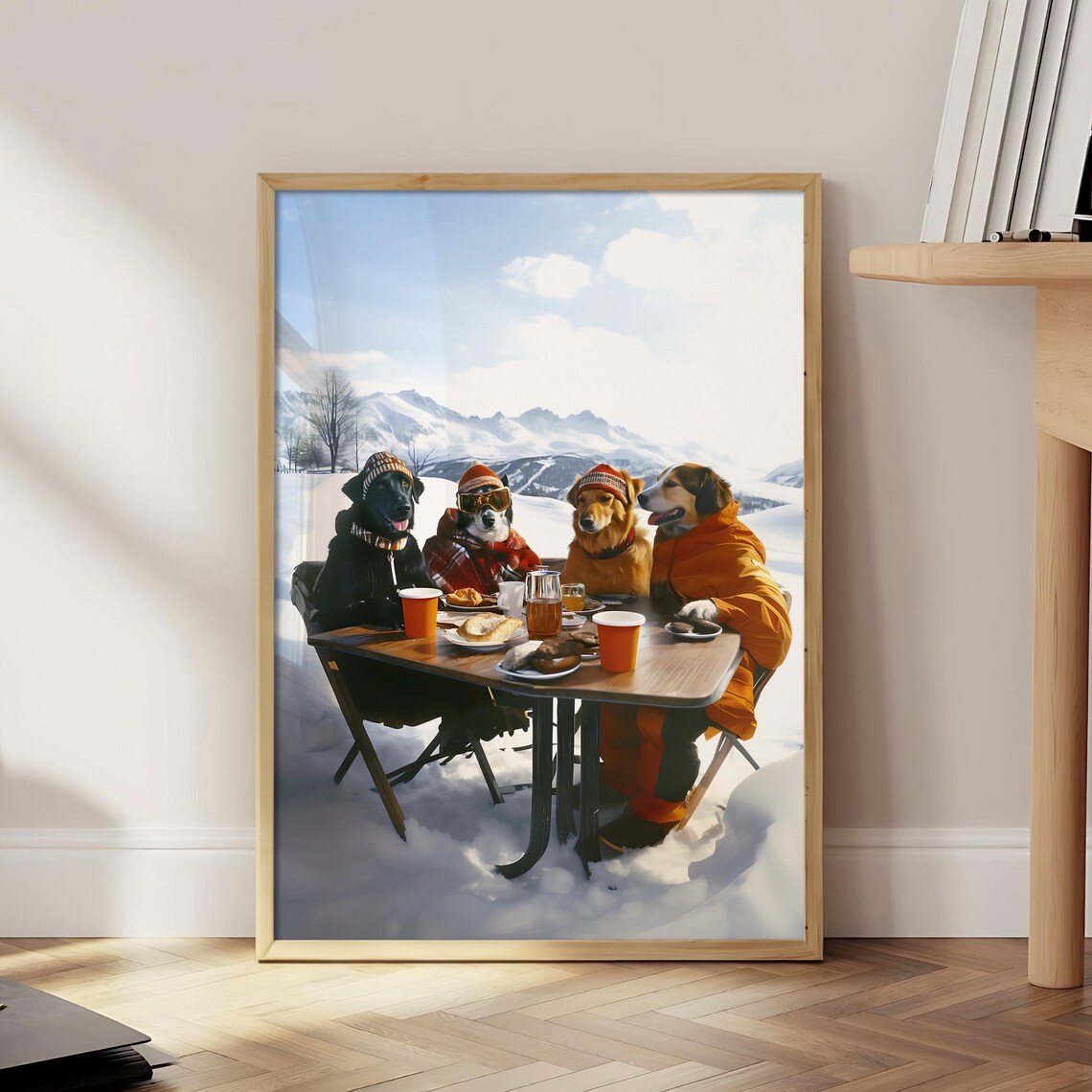 Funny Dogs In Ski Gear Breakfast Table Winter Ski Resort Poster