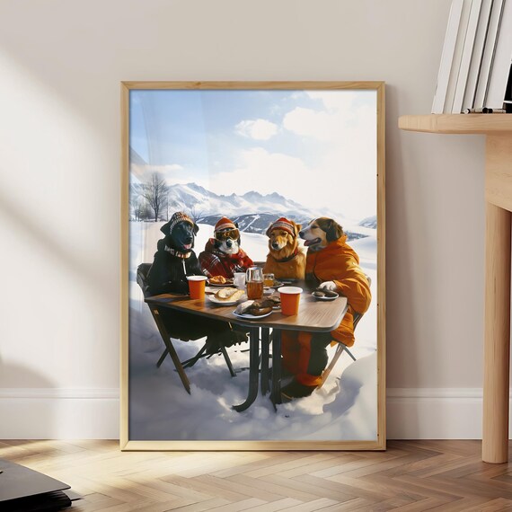 Funny Dogs In Ski Gear Breakfast Table Winter Ski Resort Poster