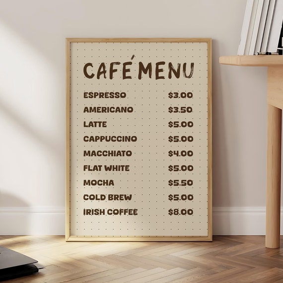 Coffee Bar Menu Print Morning Retro Poster Italian Espresso Gift Kitchen Wall Art Optional Frame