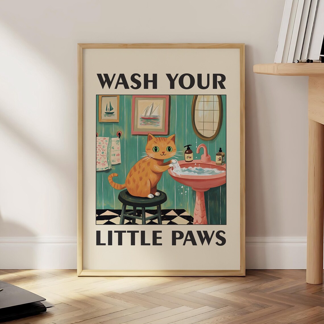 Wash Your Paws Cat Humor Bathroom Wall Art Print