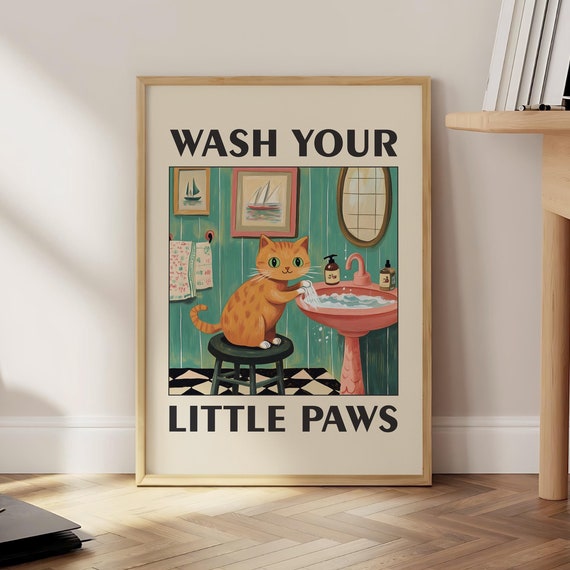 Wash Your Paws Cat Humor Bathroom Wall Art Print
