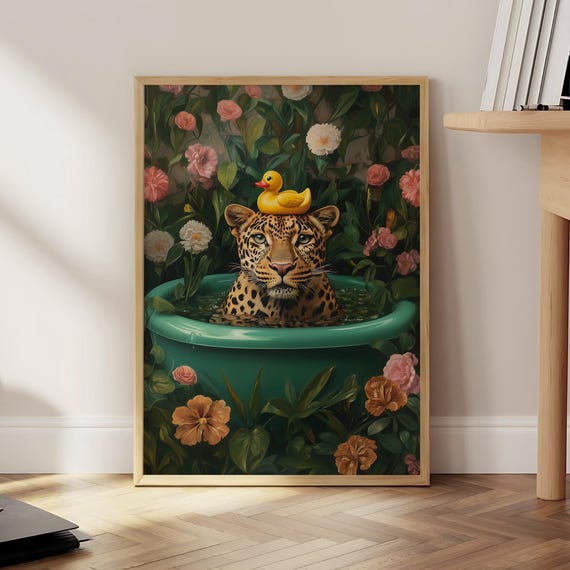 Leopard In Bathtub Print Jungle Wall Art Animal Bathroom Poster Emerald Prints Rubber Duck Optional Frame