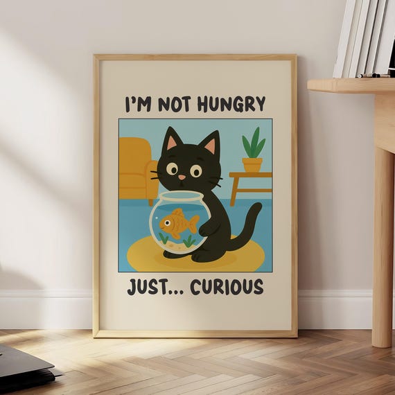 Funny Cat And Fish Tank Poster Aquarium Matisse Playful Lover Wall Art Cute Black Goldfish Print Optional Frame