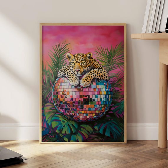Leopard On Disco Ball Poster Maximalist Wall Decor Vibrant Prints Art Jungle Print Optional Frame