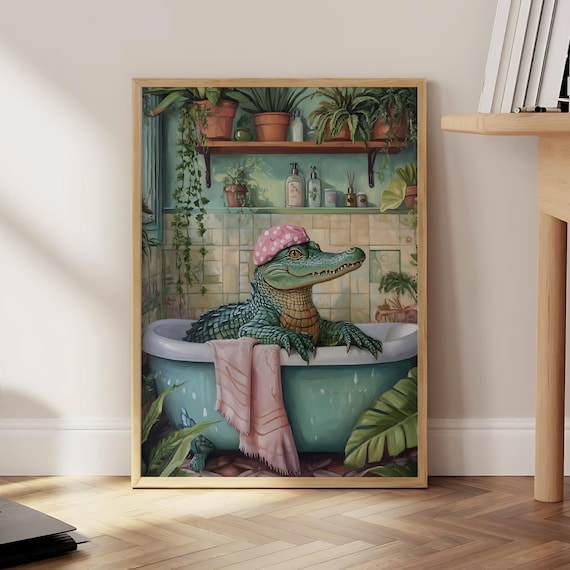 Funny Alligator In Pink Bathtub Bathroom Eclectic Animal Poster