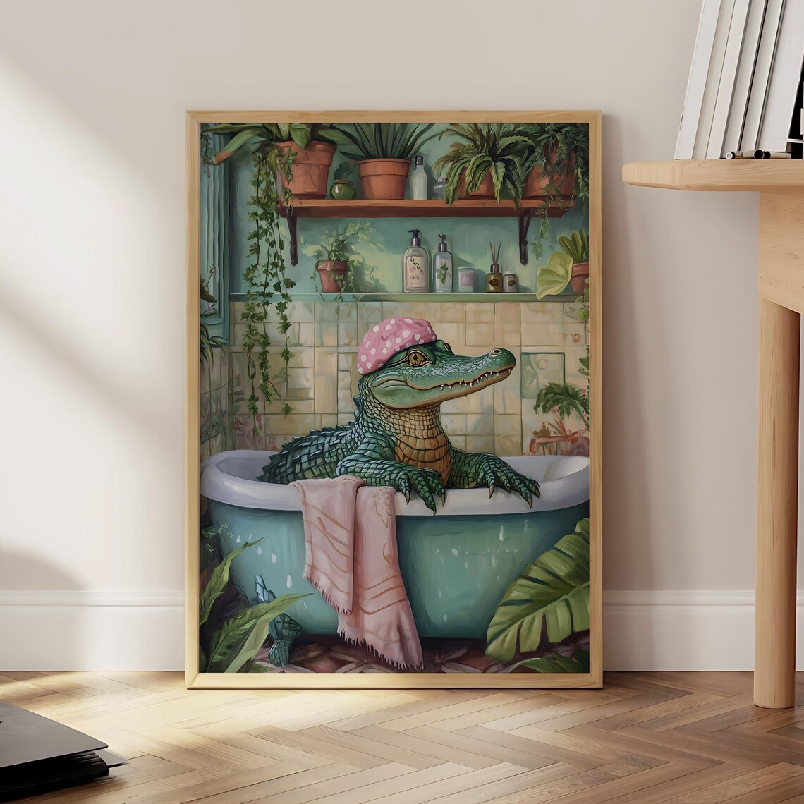 Funny Alligator In Pink Bathtub Bathroom Eclectic Animal Poster