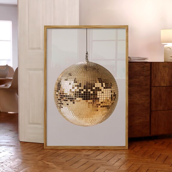 Gold Disco Ball Poster Mirrorball Wall Art Print 70s Glam Decor Bar Cart Party Digital File